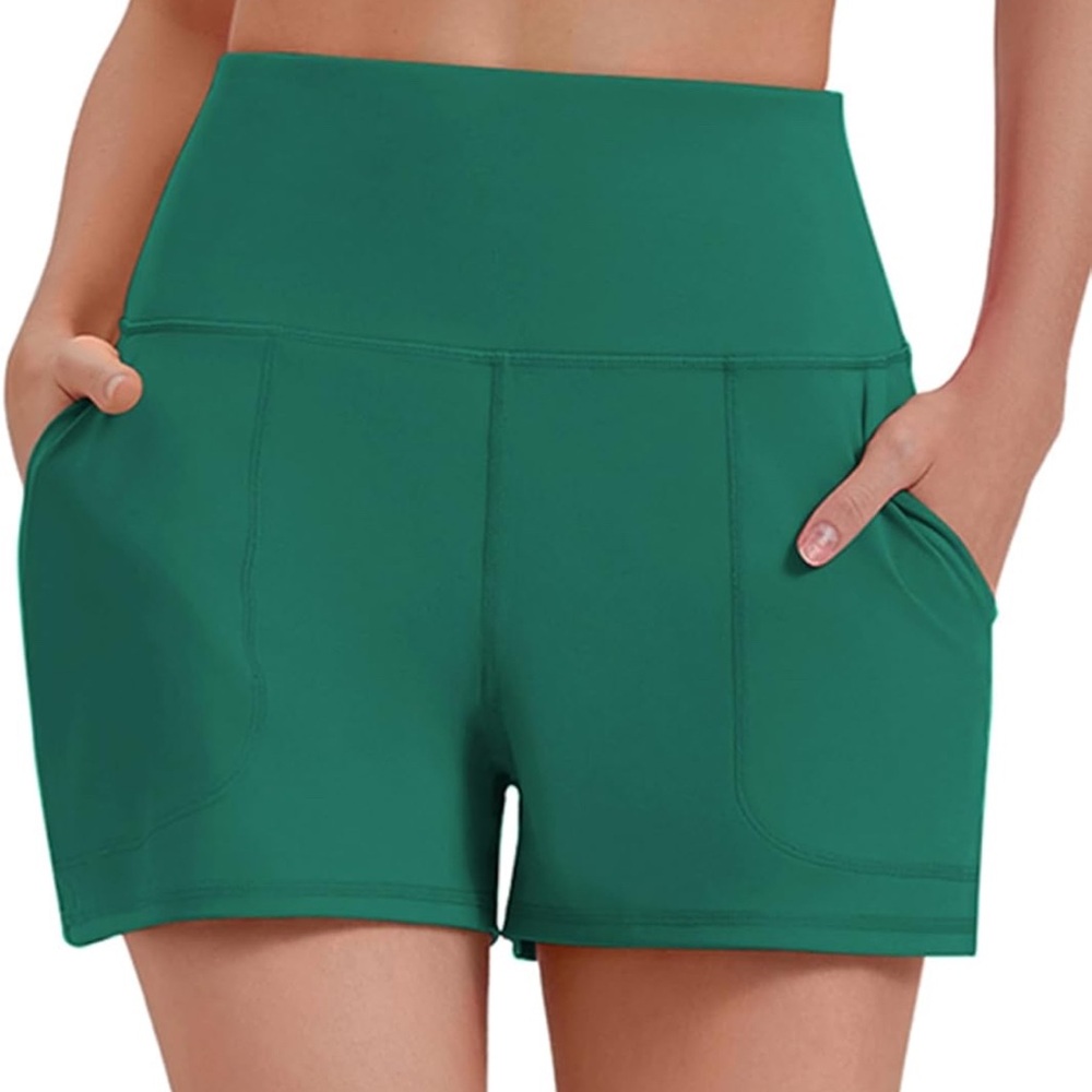 High Waist Green Athletic Shorts with Stretchy Fit